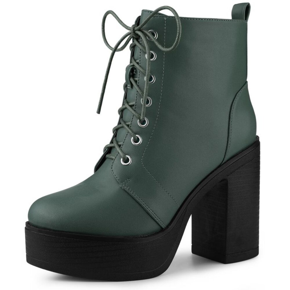 Platform Chunky High Heel Lace Up Combat Boots Dark Green
